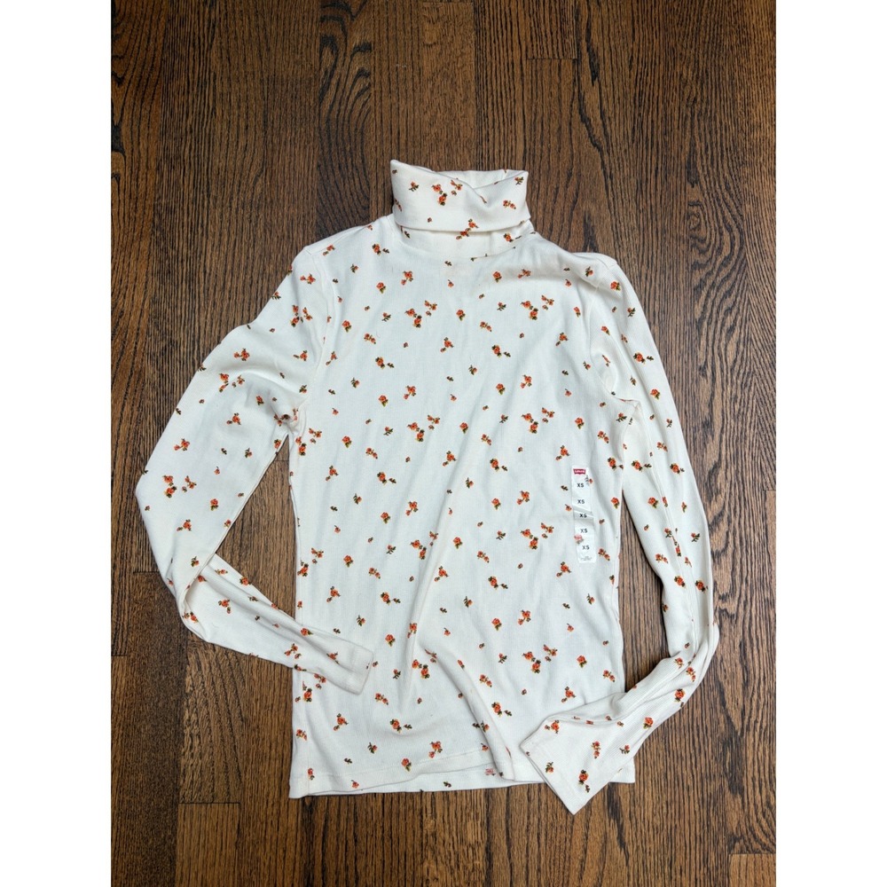 Levis Turtleneck Top Women XS Cream Floral New Ribbed Long Sleeve Cottagecore